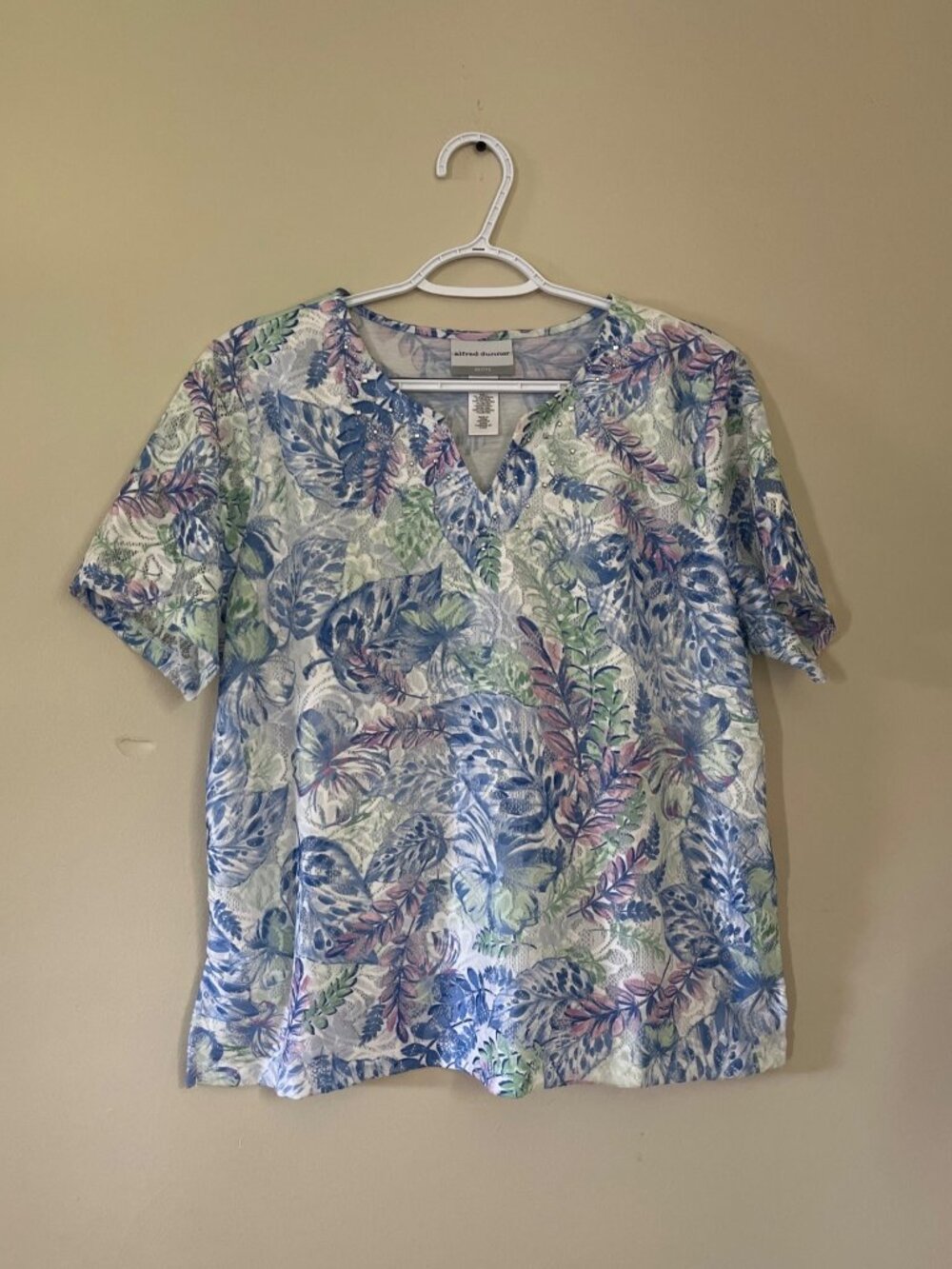 Alfred Dunner Womens Petite Large Short Sleeve Blouse Tropical Leaf V-Neck